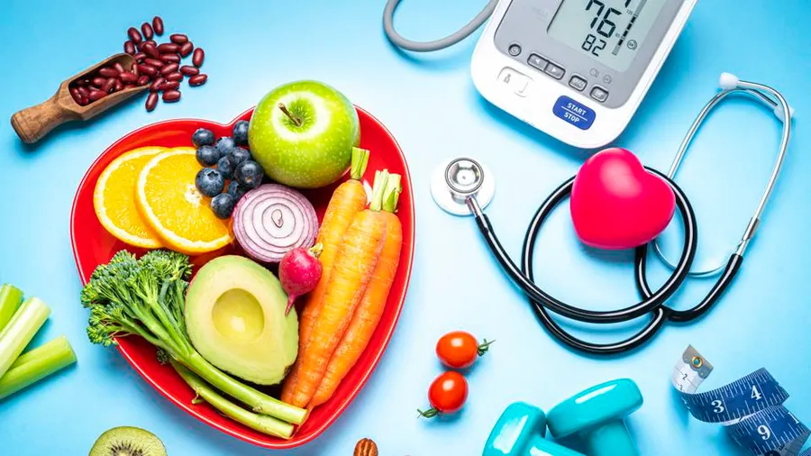 Image of healthy food and blood pressure monitor